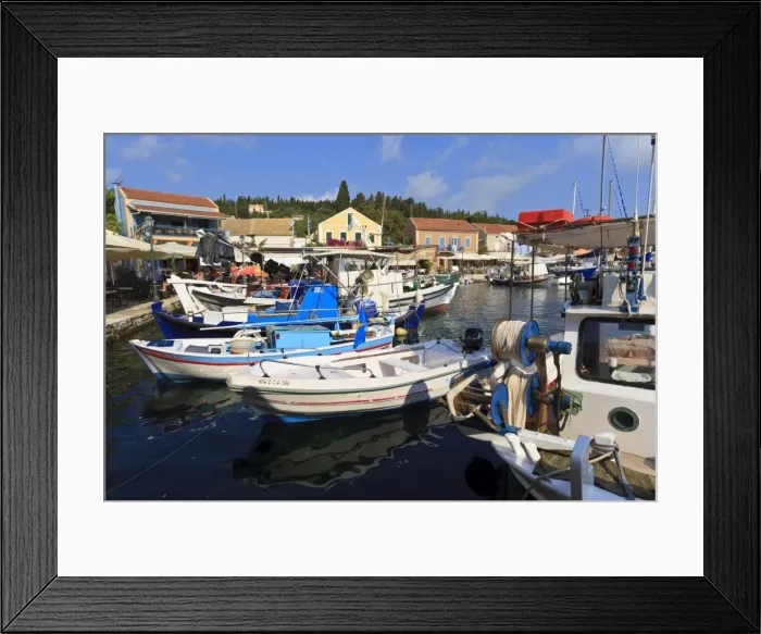 Framed Print : Harbourside with boats and cafes, Fiskardo, Kefalonia (Cephalonia), Ionian Islands, Greek Islands, Greece, Europe