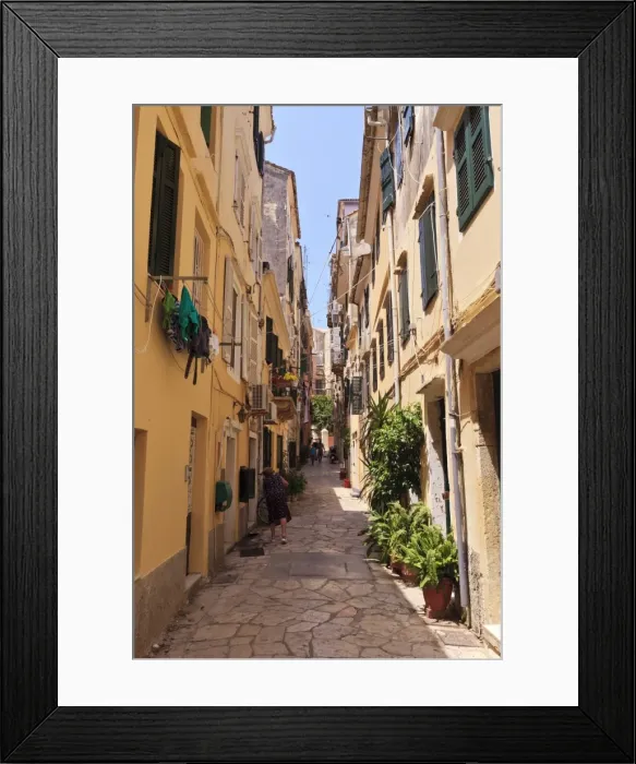 Framed Print : Narrow street with lady sweeping, Old Town, Corfu Town, UNESCO World Heritage Site, Corfu, Ionian Islands, Greek Islands, Greece, Europe Framed Print : Narrow street with lady sweeping, Old Town, Corfu Town, UNESCO World Heritage Site, Corfu, Ionian Islands, Greek Islands, Greece, Europe