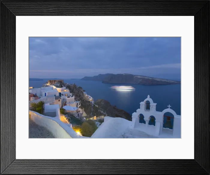 Framed Print : Illuminated cruise ship entering the caldera at dawn, Oia (Ia), Santorini (Thira) (Thera), Cyclades Islands, South Aegean, Greek Islands, Greece, Europe Framed Print : Illuminated cruise ship entering the caldera at dawn, Oia (Ia), Santorini (Thira) (Thera), Cyclades Islands, South Aegean, Greek Islands, Greece, Europe