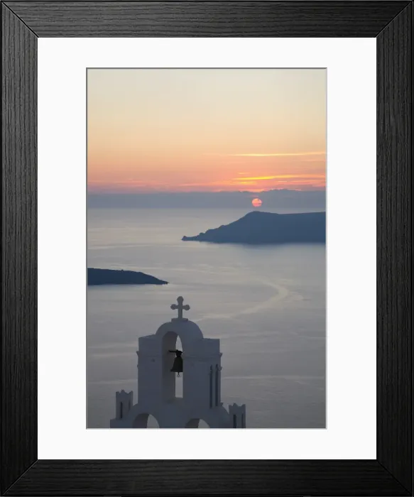 Framed Print : Sunset over the caldera, typical church in fore, Firostefani, Santorini (Thira) (Thera), Cyclades Islands, South Aegean, Greek Islands, Greece, Europe Framed Print : Sunset over the caldera, typical church in fore, Firostefani, Santorini (Thira) (Thera), Cyclades Islands, South Aegean, Greek Islands, Greece, Europe