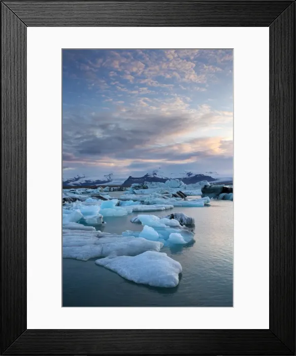 Framed Print : Sunset over Jokulsarlon, a glacial lagoon at the head of the Breidamerkurjokull Glacier on the edge of the Vatnajokull National Park, South Iceland, Iceland, Polar Regions