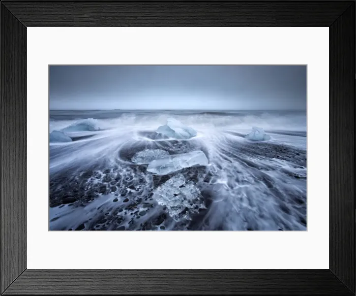 Framed Print : Jokulsa Beach on a stormy day, where icebergs from nearby Jokulsarlon glacial lagoon flow into the North Atlantic and are washed back onto the black volcanic sand beach, on the edge of the Vatnajokull National Park, South Iceland, Iceland, Polar Regions Framed Print : Jokulsa Beach on a stormy day, where icebergs from nearby Jokulsarlon glacial lagoon flow into the North Atlantic and are washed back onto the black volcanic sand beach, on the edge of the Vatnajokull National Park, South Iceland, Iceland, Polar Regions