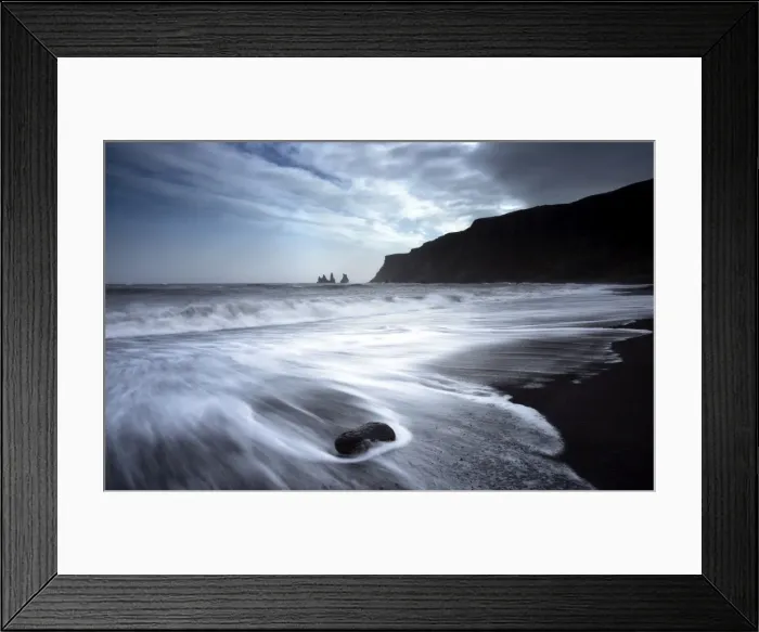 Framed Print : The rockstacks of Reynisdrangar from the black volcanic sand beach at Vik i Myrdal, South Iceland, Iceland, Polar Regions Framed Print : The rockstacks of Reynisdrangar from the black volcanic sand beach at Vik i Myrdal, South Iceland, Iceland, Polar Regions