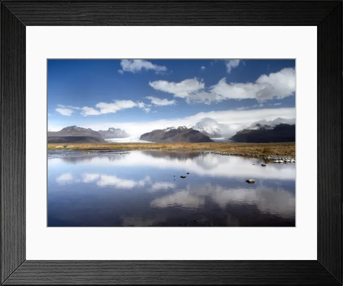 Framed Print : Mountains and glaciers on the edge of the Vatnajokull Ice Cap near Skaftafell National Park, reflecting in a nearby lake, South Iceland, Iceland, Polar Regions Framed Print : Mountains and glaciers on the edge of the Vatnajokull Ice Cap near Skaftafell National Park, reflecting in a nearby lake, South Iceland, Iceland, Polar Regions