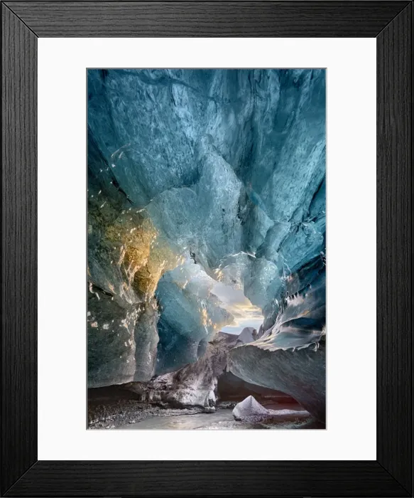 Framed Print : View inside an ice cave under the south Vatnajokull Glacier, captured at sunrise during winter when the ice caves are accessible, near Jokulsarlon, Southern Iceland, Iceland, Polar Regions Framed Print : View inside an ice cave under the south Vatnajokull Glacier, captured at sunrise during winter when the ice caves are accessible, near Jokulsarlon, Southern Iceland, Iceland, Polar Regions