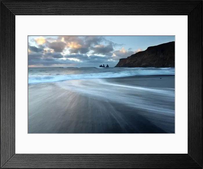 Framed Print : Looking towards the sea stacks of Reynisdrangar at sunrise from the black volcanic sand beach at Vik i Myrdal, South Iceland, Polar Regions Framed Print : Looking towards the sea stacks of Reynisdrangar at sunrise from the black volcanic sand beach at Vik i Myrdal, South Iceland, Polar Regions