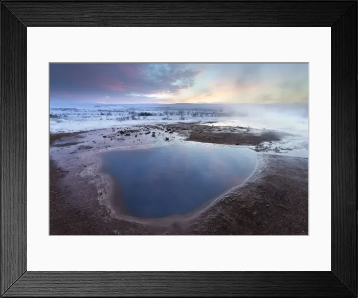 Framed Print : Steam rising from geothermal pools at sunrise in winter, Geysir, Haukardalur Valley, Iceland, Polar Regions Framed Print : Steam rising from geothermal pools at sunrise in winter, Geysir, Haukardalur Valley, Iceland, Polar Regions