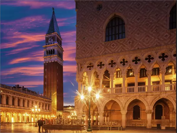 Doges Palace and Campanile after sunset, Venice, UNESCO World Heritage Site, Veneto, Italy, Europe