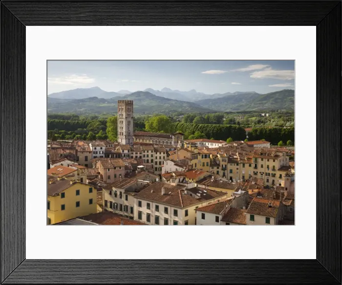 Framed Print : View over city to San Frediano from atop Torre Guinigi, Lucca, Tuscany, Italy, Europe
