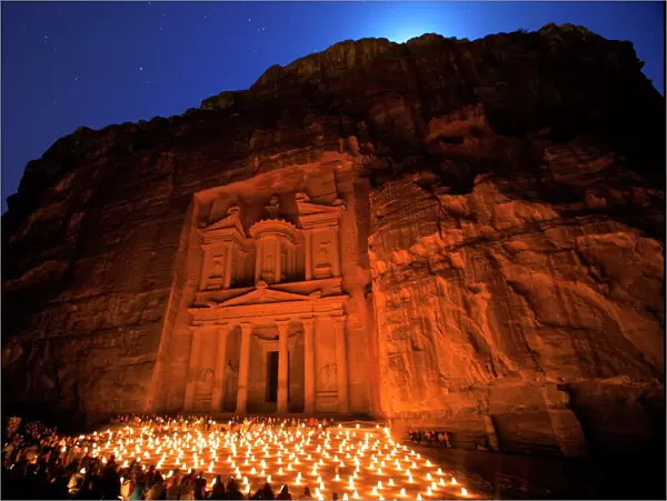 Treasury lit by candles at night, Petra, UNESCO World Heritage Site, Jordan, Middle East
