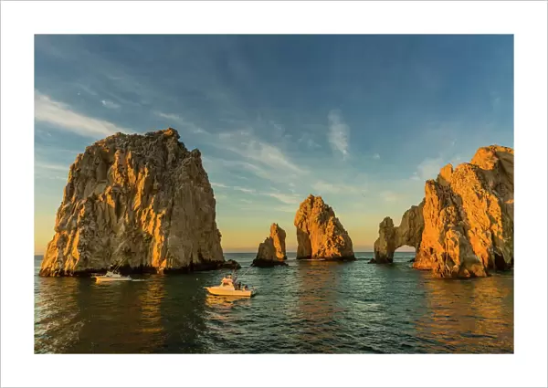 Sunrise with fishing boats at Lands End, Cabo San Lucas, Baja California Sur, Gulf of California, Mexico, North America