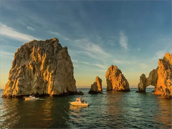 Sunrise with fishing boats at Lands End, Cabo San Lucas, Baja California Sur, Gulf of California, Mexico, North America