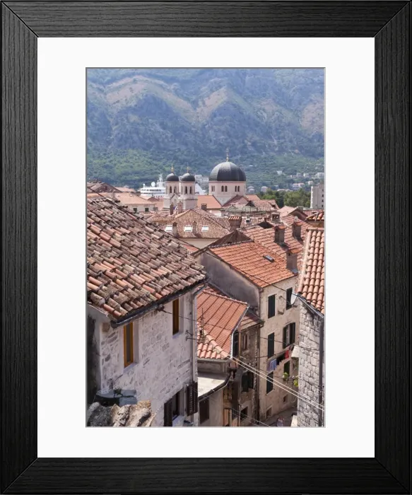 Framed Print : Elevated view of red roof tiles and the domes of the Church of St. Nicholas, Kotor, UNESCO World Heritage Site, Montenegro, Europe Framed Print : Elevated view of red roof tiles and the domes of the Church of St. Nicholas, Kotor, UNESCO World Heritage Site, Montenegro, Europe