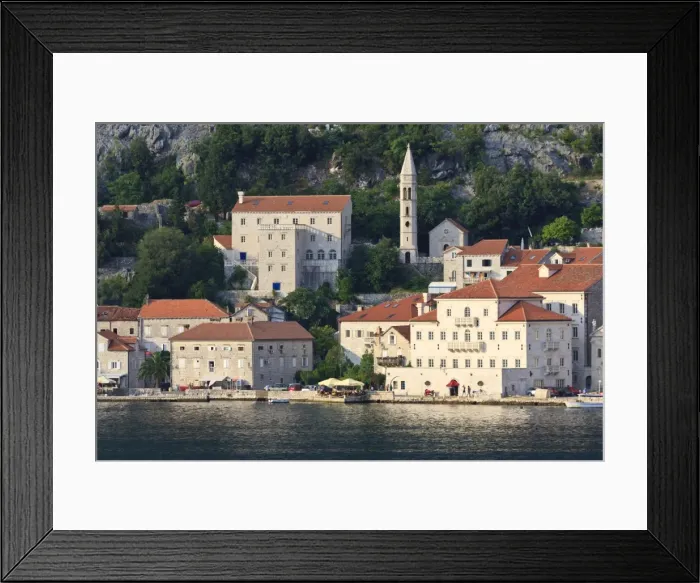 Framed Print : Church of Our Lady of the Rosary and a waterside restaurant lit by evening light, Perast, Bay of Kotor, UNESCO World Heritage Site, Montenegro, Europe Framed Print : Church of Our Lady of the Rosary and a waterside restaurant lit by evening light, Perast, Bay of Kotor, UNESCO World Heritage Site, Montenegro, Europe