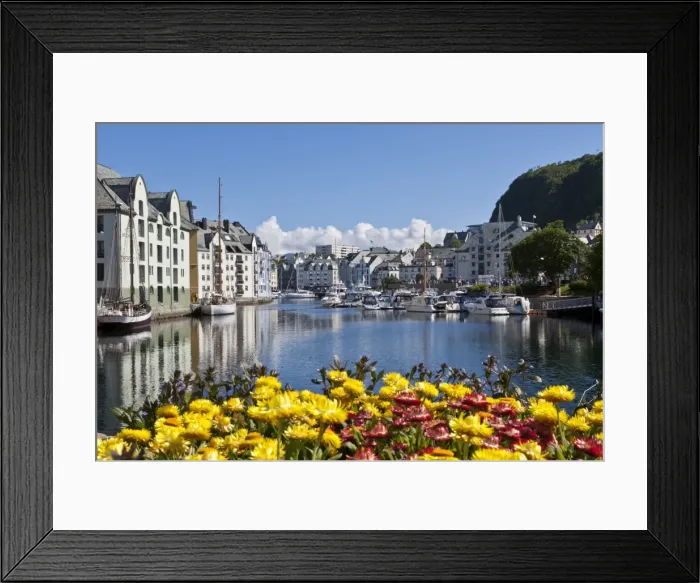 Framed Print : Boats and Art Nouveau buildings with waterside summer flowers, Alesund, More og Romsdal, Norway, Scandinavia, Europe Framed Print : Boats and Art Nouveau buildings with waterside summer flowers, Alesund, More og Romsdal, Norway, Scandinavia, Europe
