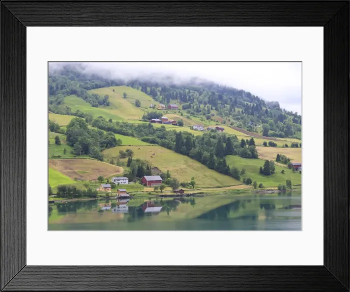 Framed Print : Fjordside houses and wooded hills with low cloud, Nordfjord, Olden, Norway, Scandinavia, Europe Framed Print : Fjordside houses and wooded hills with low cloud, Nordfjord, Olden, Norway, Scandinavia, Europe