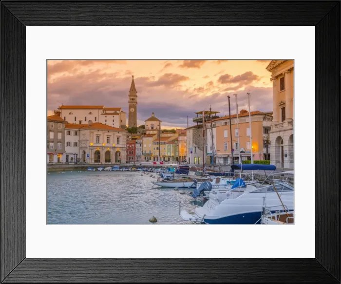 Framed Print : Old Town Harbour, Church of St. George (Cerkev sv. Jurija) in background, Piran, Primorska, Slovenian Istria, Slovenia, Europe