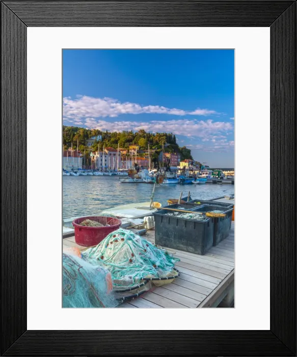 Framed Print : Fishing nets, Old Town Harbour, Piran, Primorska, Slovenian Istria, Slovenia, Europe