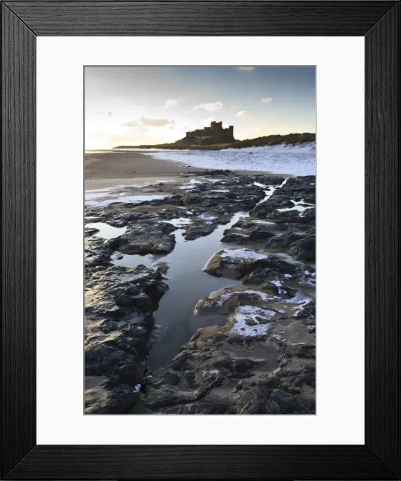 Framed Print : Snow on Bamburgh beach, Bamburgh Castle, Bamburgh, Northumberland, England, United Kingdom, Europe Framed Print : Snow on Bamburgh beach, Bamburgh Castle, Bamburgh, Northumberland, England, United Kingdom, Europe