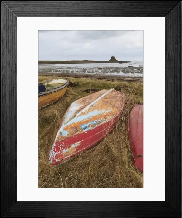 Framed Print : Old brightly painted fishing boats and Lindisfarne Castle in winter, Holy Island, Northumberland, England, United Kingdom, Europe Framed Print : Old brightly painted fishing boats and Lindisfarne Castle in winter, Holy Island, Northumberland, England, United Kingdom, Europe
