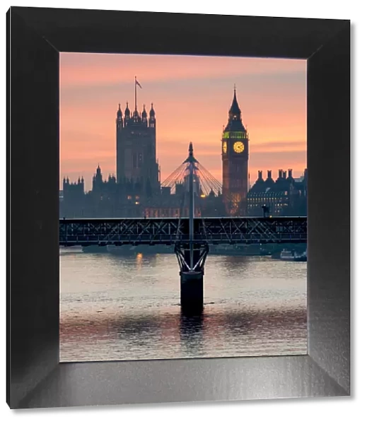 Big Ben with Hungerford Bridge at sunset, London, England, United Kingdom, Europe