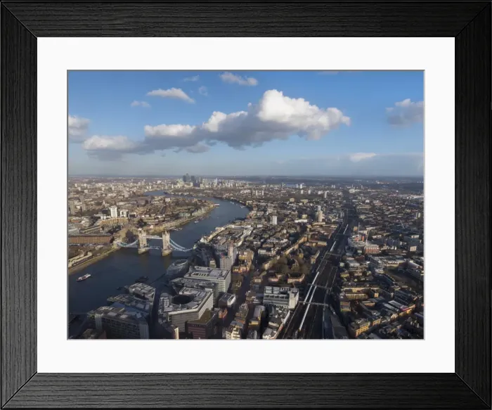 Framed Print : Aerial cityscape showing River Thames, Tower Bridge and railway tracks, London, England, United Kingdom, Europe Framed Print : Aerial cityscape showing River Thames, Tower Bridge and railway tracks, London, England, United Kingdom, Europe