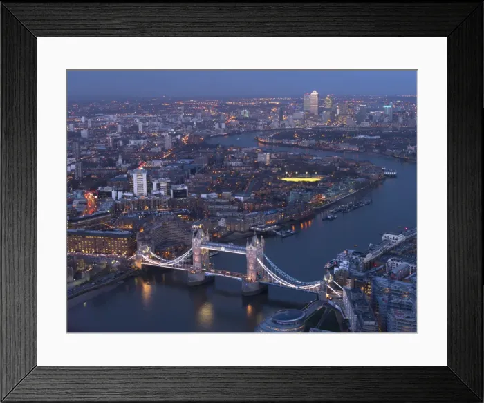 Framed Print : Aerial photo showing Tower Bridge, River Thames and Canary Wharf at dusk, London, England, United Kingdom, Europe Framed Print : Aerial photo showing Tower Bridge, River Thames and Canary Wharf at dusk, London, England, United Kingdom, Europe