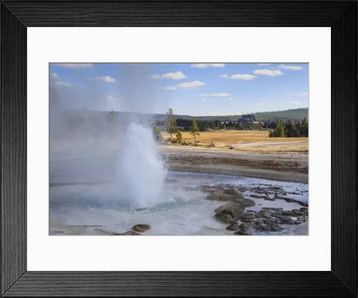 Framed Print : Erupting geyser and Old Faithful Inn, Upper Geyser Basin, Yellowstone National Park, UNESCO World Heritage Site, Wyoming, United States of America, North America Framed Print : Erupting geyser and Old Faithful Inn, Upper Geyser Basin, Yellowstone National Park, UNESCO World Heritage Site, Wyoming, United States of America, North America