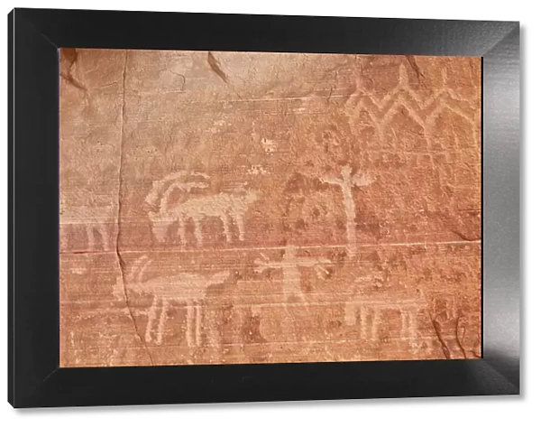 Bighorn sheep, human, and geometric petroglyphs, Gold Butte, Nevada, United States of America, North America