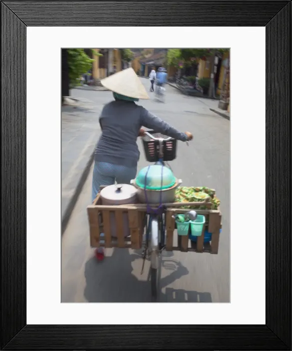 Framed Print : Woman vendor pushing bicycle along street, Hoi An, Quang Nam, Vietnam, Indochina, Southeast Asia, Asia Framed Print : Woman vendor pushing bicycle along street, Hoi An, Quang Nam, Vietnam, Indochina, Southeast Asia, Asia