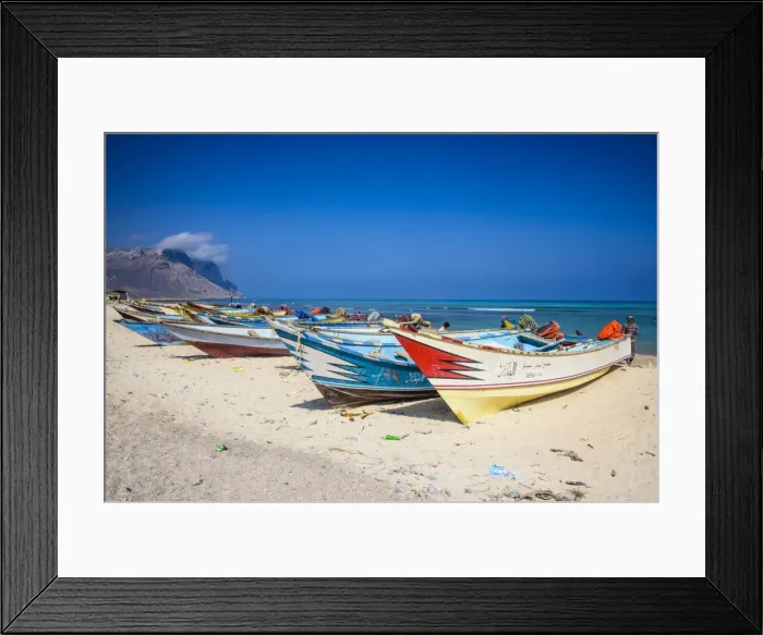 Framed Print : Colourful fishing boats in Qalansia on the west coast of the island of Socotra, UNESCO World Heritage Site, Yemen, Middle East Framed Print : Colourful fishing boats in Qalansia on the west coast of the island of Socotra, UNESCO World Heritage Site, Yemen, Middle East