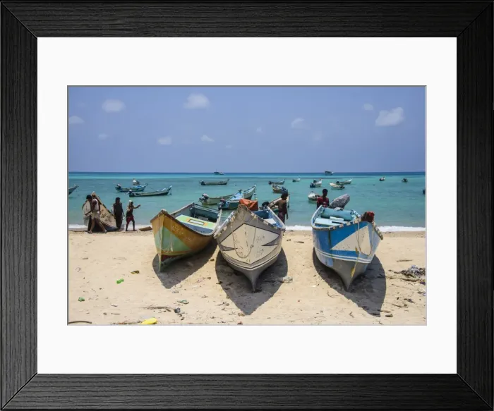 Framed Print : Fishing boats in the turquoise waters of Qalansia on the west coast of the island of Socotra, UNESCO World Heritage Site, Yemen, Middle East Framed Print : Fishing boats in the turquoise waters of Qalansia on the west coast of the island of Socotra, UNESCO World Heritage Site, Yemen, Middle East
