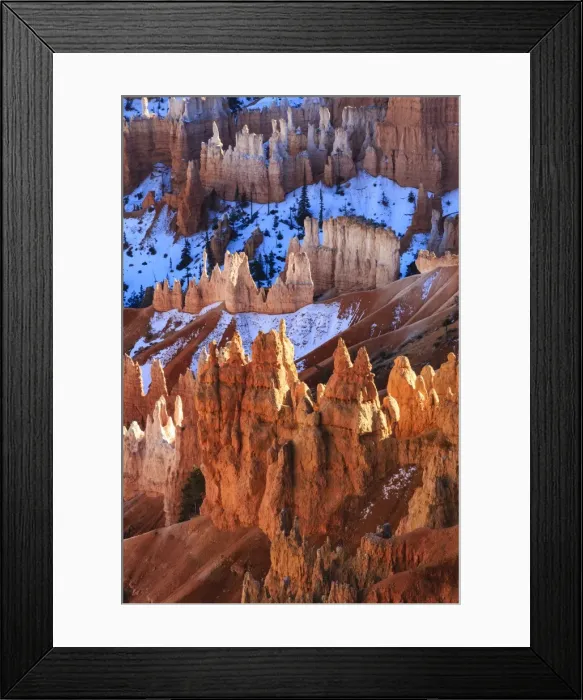 Framed Print : Hoodoos and snow lit by strong late afternoon sun in winter, near Sunrise Point, Bryce Canyon National Park, Utah, United States of America, North America Framed Print : Hoodoos and snow lit by strong late afternoon sun in winter, near Sunrise Point, Bryce Canyon National Park, Utah, United States of America, North America