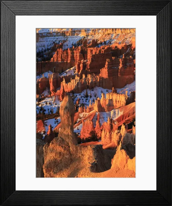 Framed Print : Hoodoos and snow lit by strong dawn light, Queens Garden Trail at Sunrise Point, Bryce Canyon National Park, Utah, United States of America, North America Framed Print : Hoodoos and snow lit by strong dawn light, Queens Garden Trail at Sunrise Point, Bryce Canyon National Park, Utah, United States of America, North America