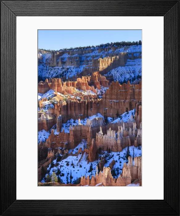 Framed Print : Hoodoos and snowy rim cliffs lit by late afternoon sun, winter, near Sunrise Point, Bryce Canyon National Park, Utah, United States of America, North America Framed Print : Hoodoos and snowy rim cliffs lit by late afternoon sun, winter, near Sunrise Point, Bryce Canyon National Park, Utah, United States of America, North America