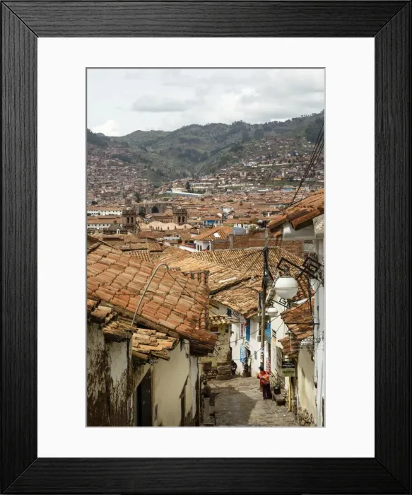 Framed Print : Street scene in San Blas neighbourhood with a view over the rooftops of Cuzco, UNESCO World Heritage Site, Peru, South America Framed Print : Street scene in San Blas neighbourhood with a view over the rooftops of Cuzco, UNESCO World Heritage Site, Peru, South America