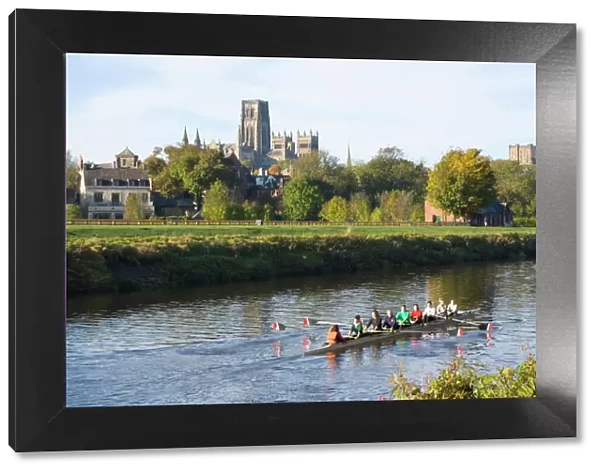 View across the River Wear to Durham Cathedral, female college rowers in training, Durham, County Durham, England, United Kingdom, Europe