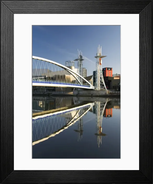 Framed Print : The Millennium Bridge reflected in the Manchester Ship Canal, Salford Quays, Salford, Greater Manchester, England, United Kingdom, Europe Framed Print : The Millennium Bridge reflected in the Manchester Ship Canal, Salford Quays, Salford, Greater Manchester, England, United Kingdom, Europe