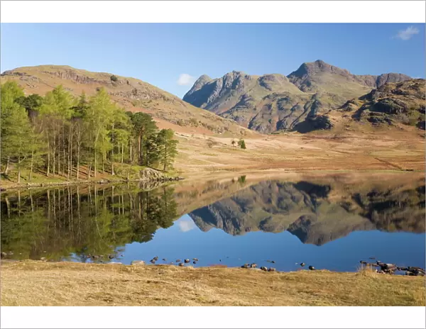 The Langdale Pikes reflected in Blea Tarn, above Little Langdale, Lake District National Park, Cumbria, England, United Kingdom, Europe