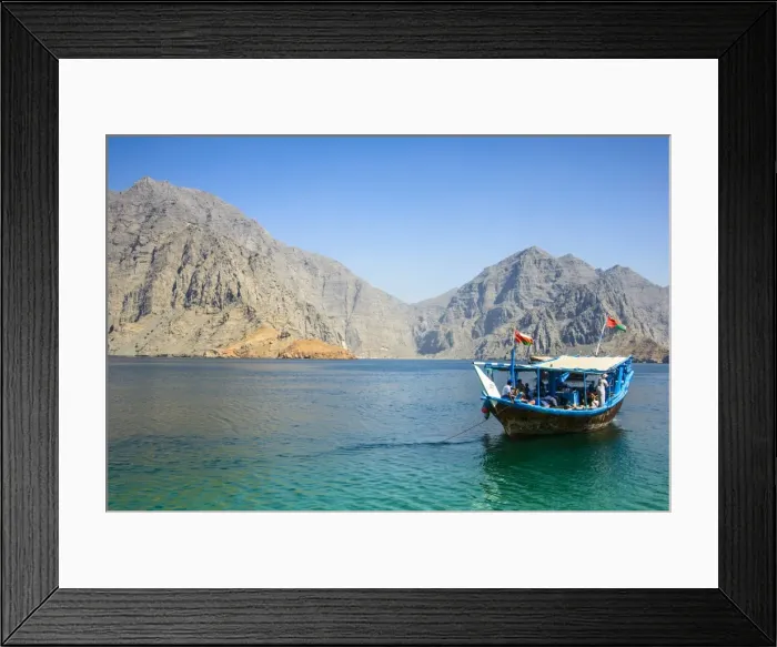 Framed Print : Tourist boat in form of a dhow sailing in the Khor ash-sham fjord, Musandam, Oman, Middle East Framed Print : Tourist boat in form of a dhow sailing in the Khor ash-sham fjord, Musandam, Oman, Middle East