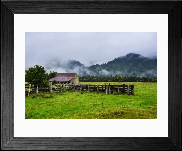 Framed Print : Old farm in a moody atmosphere, West Coast around Hst, South Island, New Zealand, Pacific Framed Print : Old farm in a moody atmosphere, West Coast around Hst, South Island, New Zealand, Pacific