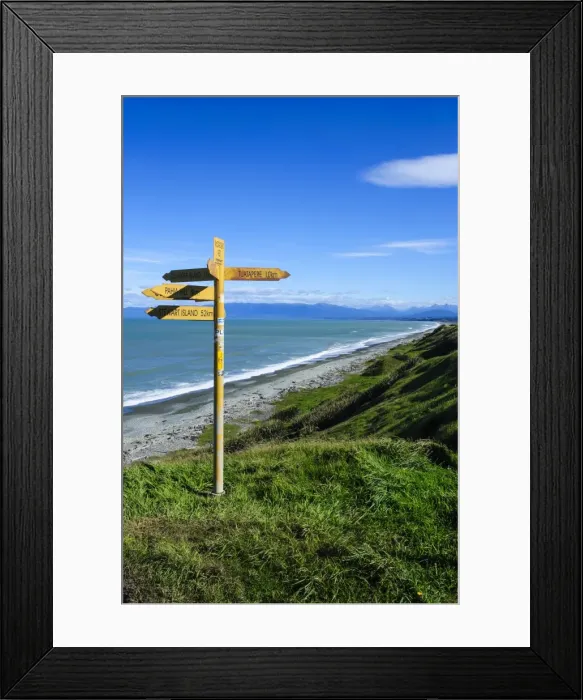 Framed Print : Signpost on Te Waewae Bay, along the road from Invercargill to Te Anau, South Island, New Zealand, Pacific Framed Print : Signpost on Te Waewae Bay, along the road from Invercargill to Te Anau, South Island, New Zealand, Pacific
