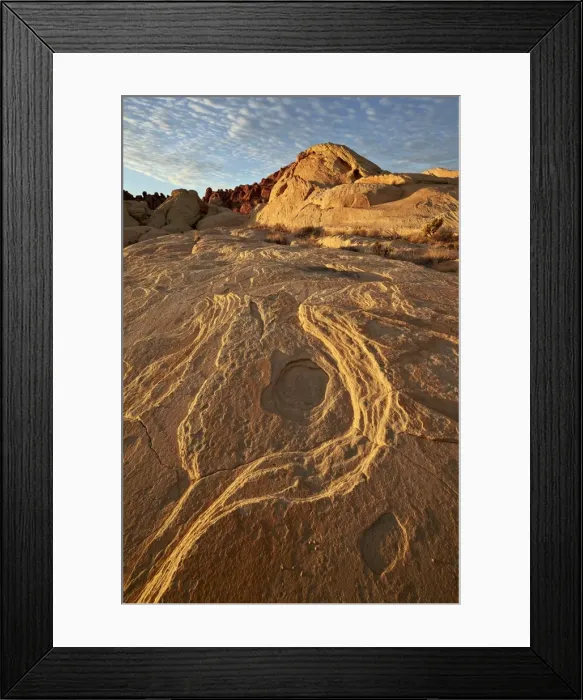Framed Print : Erosion pattern in yellow sandstone under patterned clouds, Valley of Fire State Park, Nevada, United States of America, North America Framed Print : Erosion pattern in yellow sandstone under patterned clouds, Valley of Fire State Park, Nevada, United States of America, North America