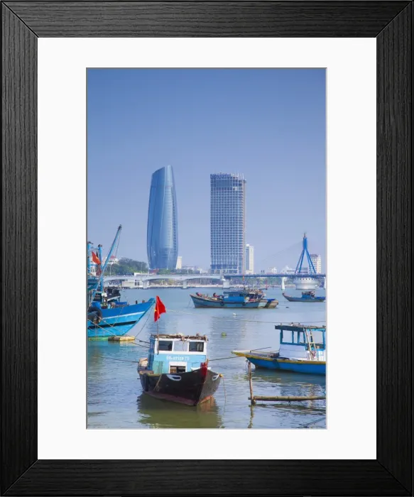 Framed Print : Fishing boats on Song River and city skyline, Da Nang, Vietnam, Indochina, Southeast Asia, Asia Framed Print : Fishing boats on Song River and city skyline, Da Nang, Vietnam, Indochina, Southeast Asia, Asia