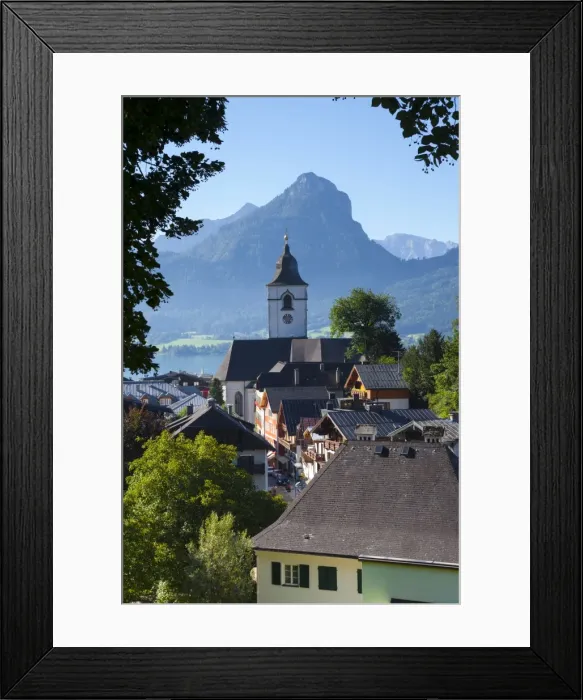 Framed Print : Elevated view over Parish Church and St. Wolfgang, Wolfgangsee lake, Flachgau, Salzburg, Upper Austria, Austria, Europe Framed Print : Elevated view over Parish Church and St. Wolfgang, Wolfgangsee lake, Flachgau, Salzburg, Upper Austria, Austria, Europe