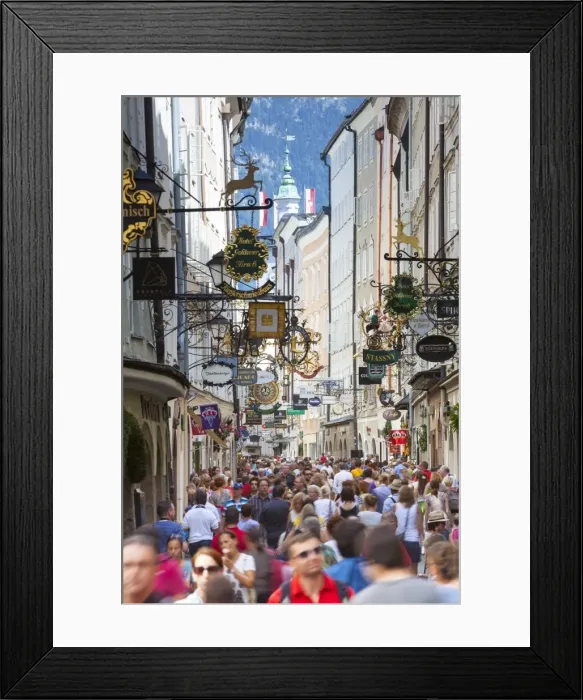 Framed Print : Ornate shop signs on Getreidegasse, Salzburgs bustling shopping street, Salzburg, Salzburger Land, Austria, Europe Framed Print : Ornate shop signs on Getreidegasse, Salzburgs bustling shopping street, Salzburg, Salzburger Land, Austria, Europe