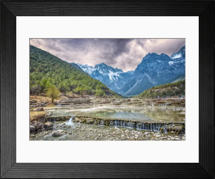 Framed Print : HDR image of cascading falls at Baishuihe, or White Water River with Jade Dragon Snow Mountain, Lijiang, Yunnan, China, Asia Framed Print : HDR image of cascading falls at Baishuihe, or White Water River with Jade Dragon Snow Mountain, Lijiang, Yunnan, China, Asia