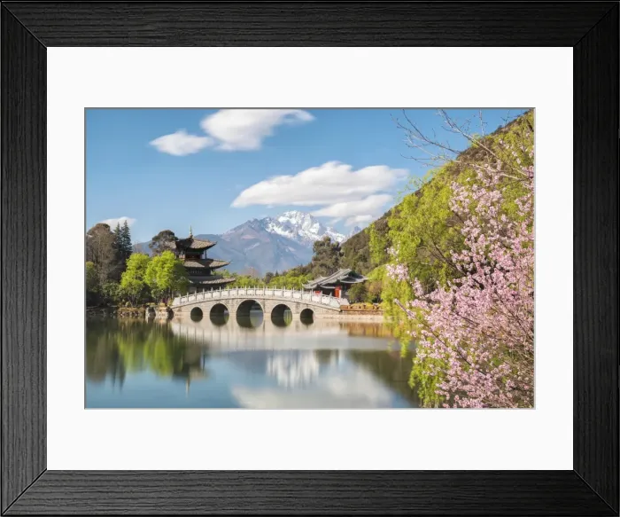 Framed Print : Black Dragon Pool with Moon Embracing Pagoda and Suocui Bridge in Jade Spring Park of Lijiang, Yunnan, China, Asia Framed Print : Black Dragon Pool with Moon Embracing Pagoda and Suocui Bridge in Jade Spring Park of Lijiang, Yunnan, China, Asia