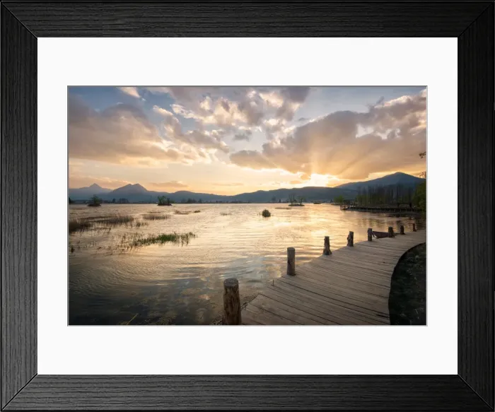 Framed Print : Sunset over mountains, lake and boardwalk in Lijiang, Yunnan, China, Asia Framed Print : Sunset over mountains, lake and boardwalk in Lijiang, Yunnan, China, Asia