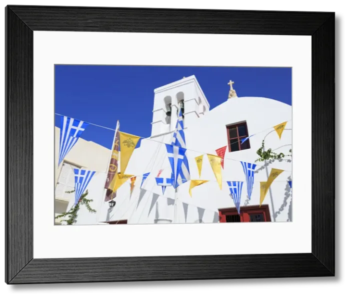 Framed Print : Church with flags in Mykonos Town, Mykonos Island, Cyclades, Greek Islands, Greece, Europe Framed Print : Church with flags in Mykonos Town, Mykonos Island, Cyclades, Greek Islands, Greece, Europe